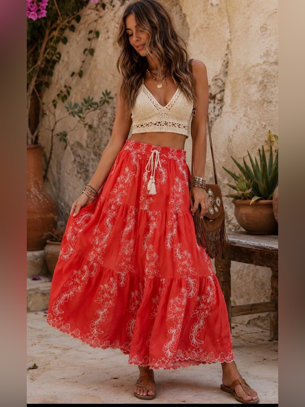POL Coral Embroidered Boho Tiered Maxi Skirt NWT